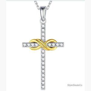 Sterling Silver Moissanite Cross Pendant Necklace with 14K Gold Plated Infinity